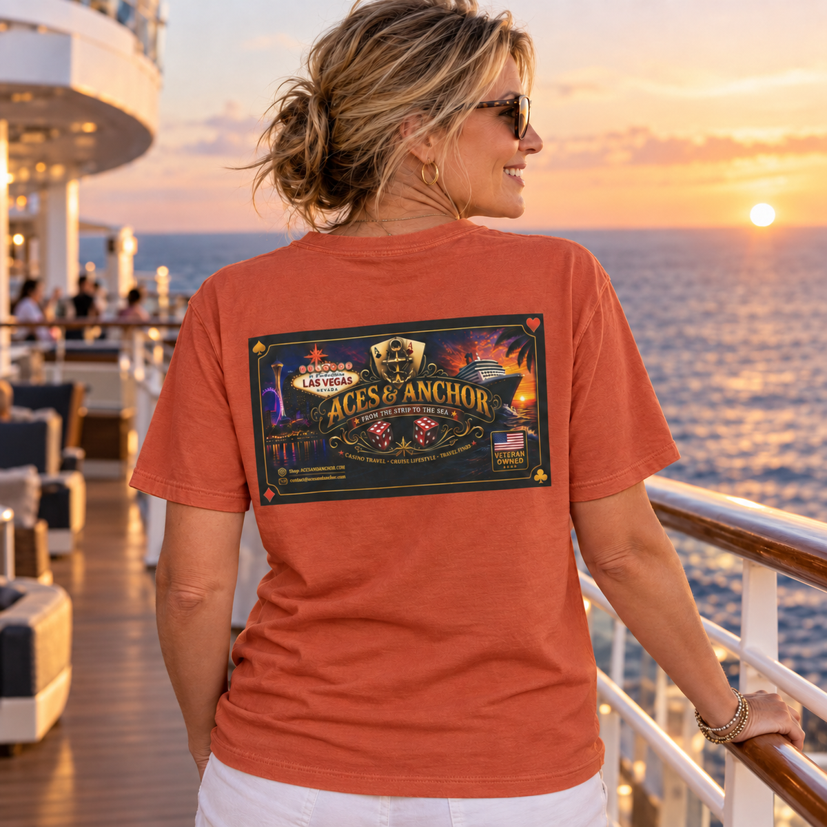 Female model wearing Paprika Aces & Anchor From the Strip to the Sea T-shirt, back view