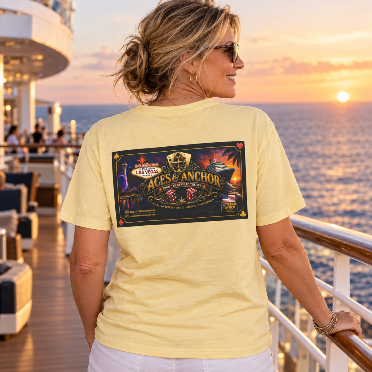 Female model wearing the From the Strip to the Sea T-shirt, back view