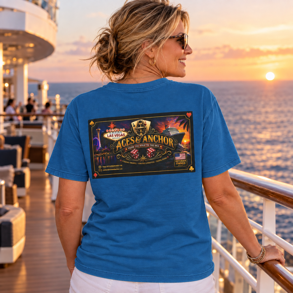 Female model wearing Sapphire Aces & Anchor From the Strip to the Sea T-shirt, back view