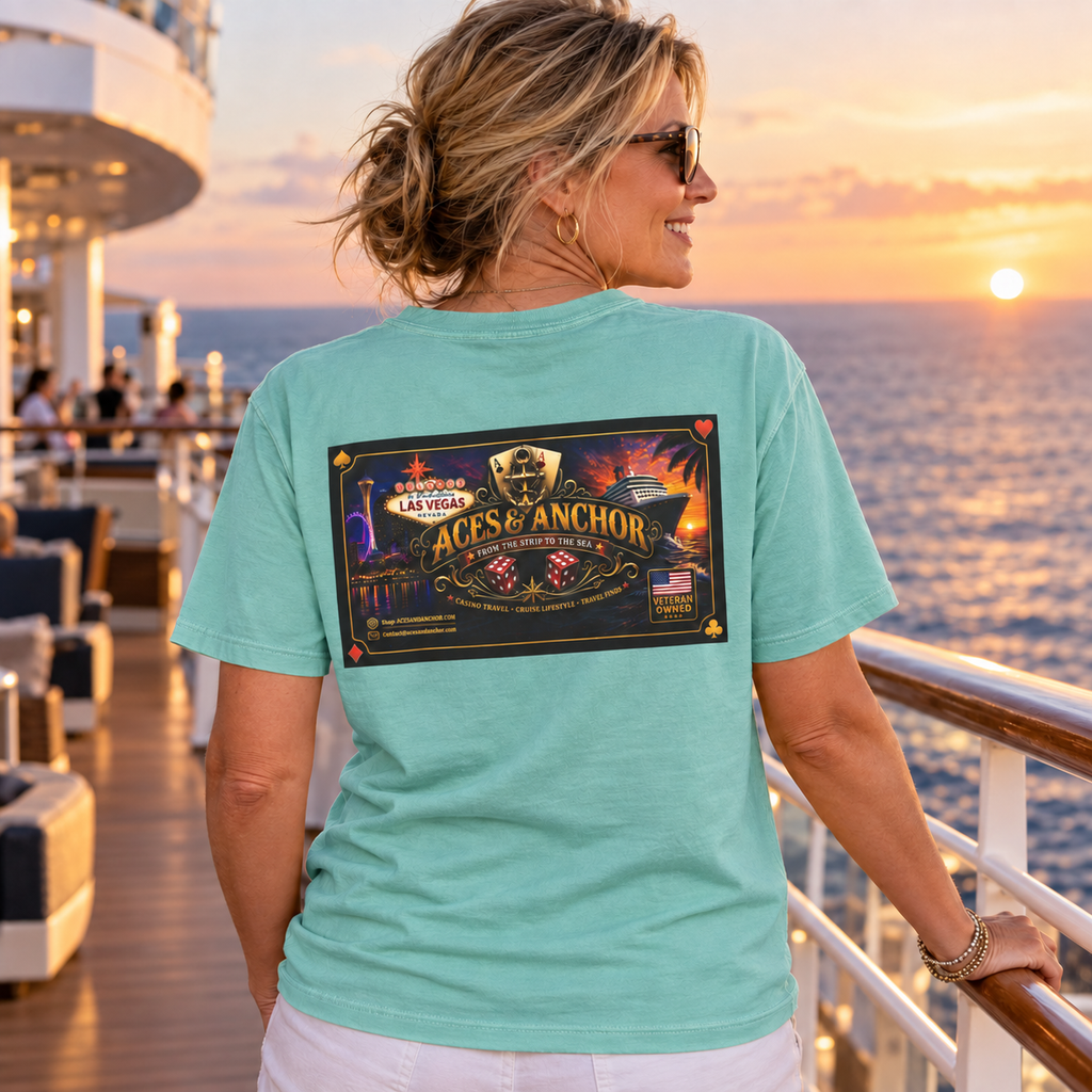 Female model wearing Seafoam Aces & Anchor From the Strip to the Sea T-shirt, back view