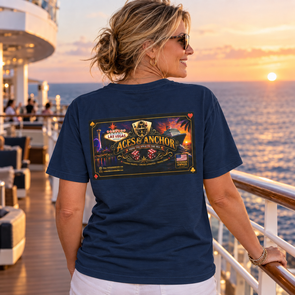 Female model wearing True Navy Aces & Anchor From the Strip to the Sea T-shirt, back view