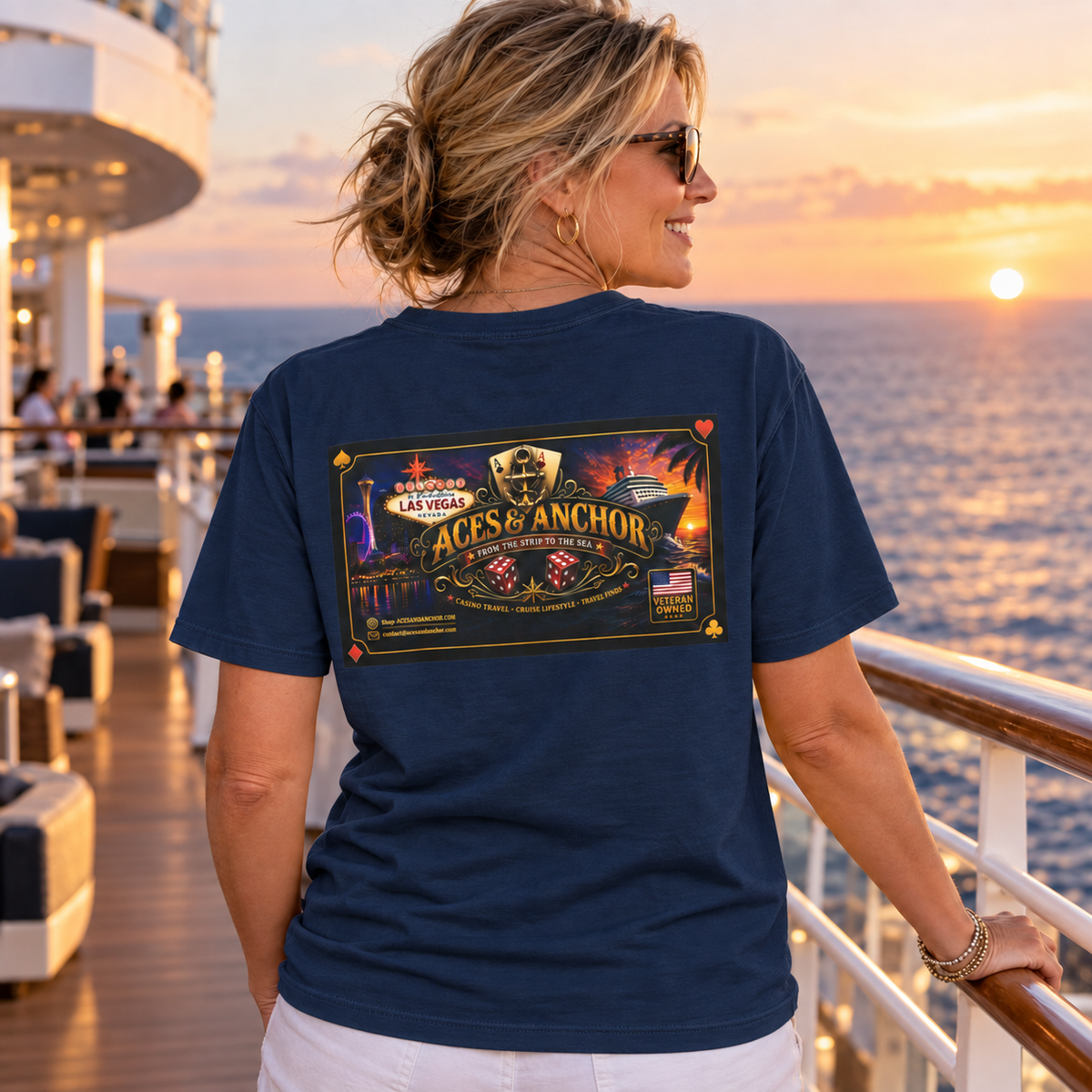 Female model wearing True Navy Aces & Anchor From the Strip to the Sea T-shirt, back view