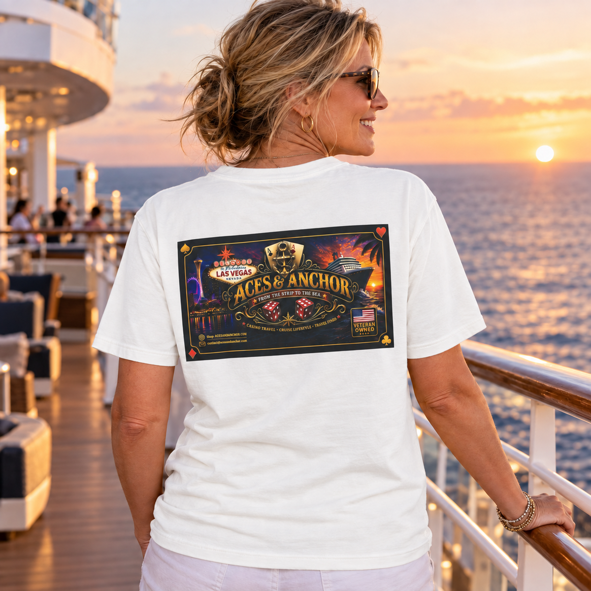 Female model wearing White Aces & Anchor From the Strip to the Sea T-shirt, back view