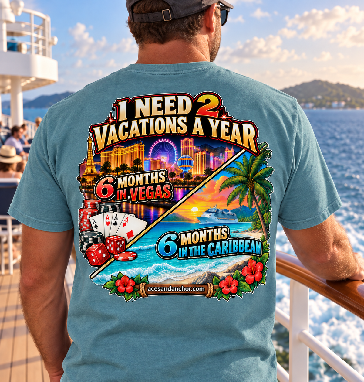 Male model wearing 2 Vacations a Year T-shirt in Bay, back view