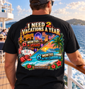 Male model wearing 2 Vacations a Year T-shirt in Black, back view