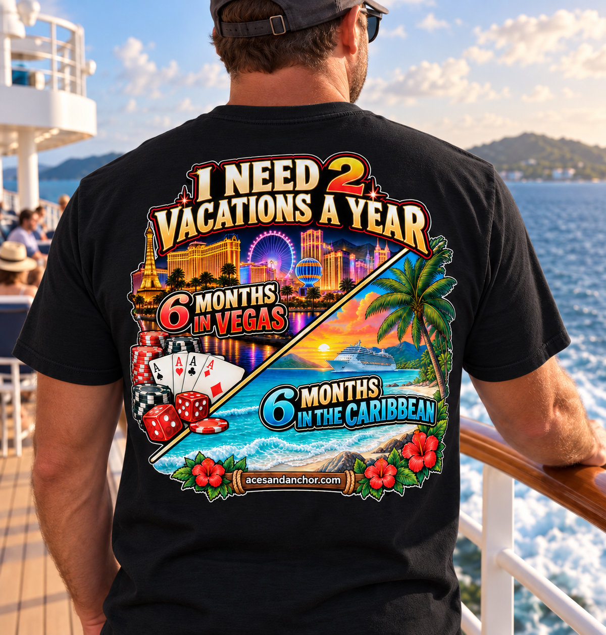 Male model wearing 2 Vacations a Year T-shirt in Black, back view