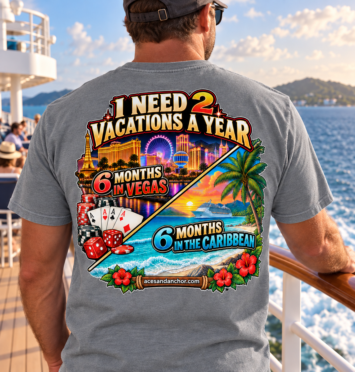 Male model wearing 2 Vacations a Year T-shirt in Grey, back view