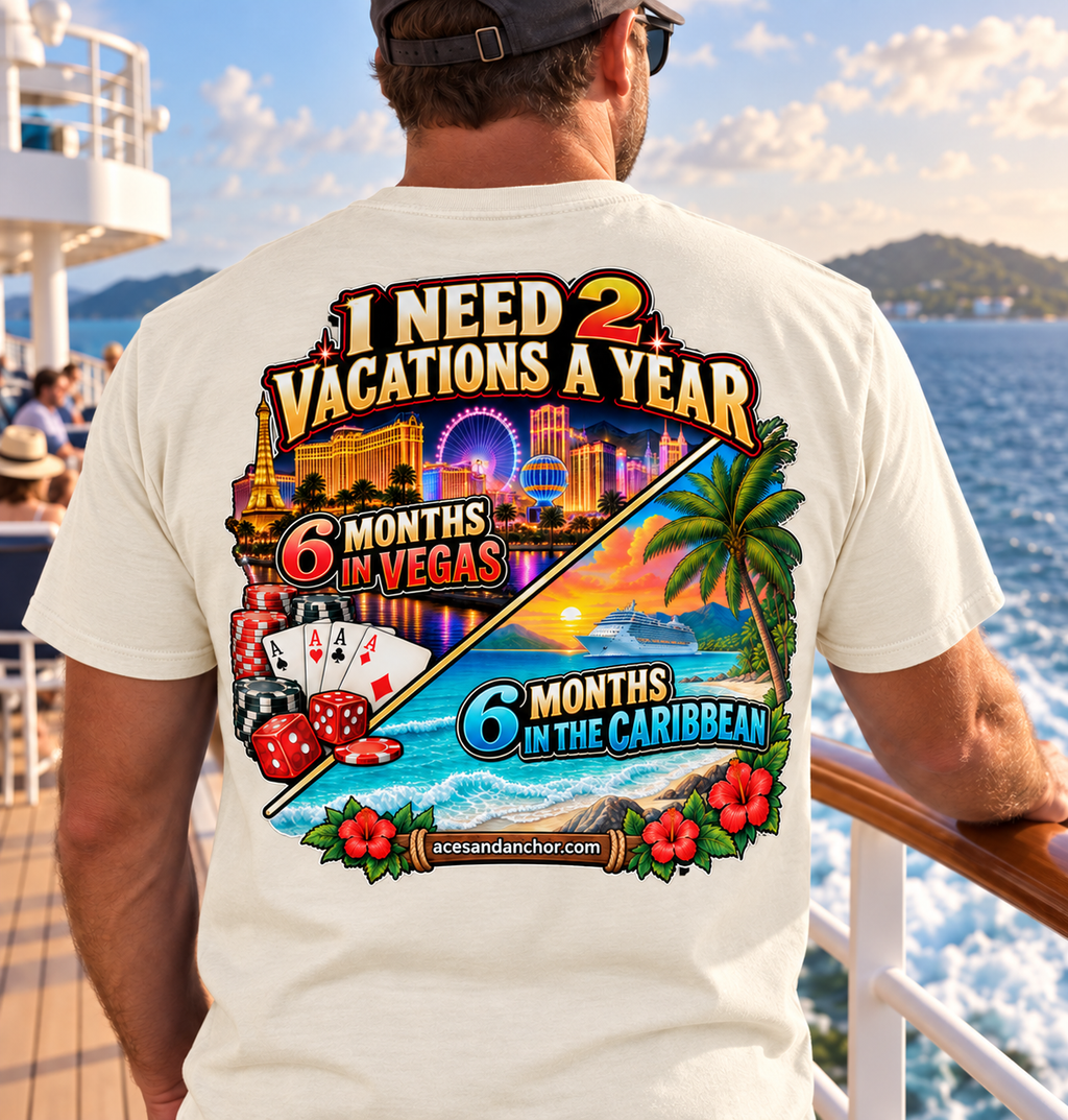 Male model wearing 2 Vacations a Year T-shirt in Ivory, back view