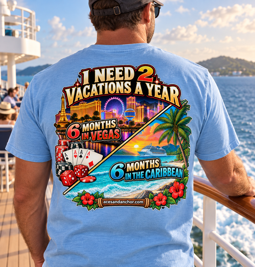 Male model wearing the 2 Vacations a Year T-shirt, back view