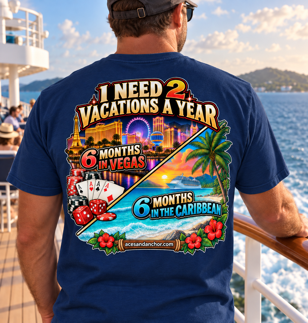 Male model wearing 2 Vacations a Year T-shirt in True Navy, back view