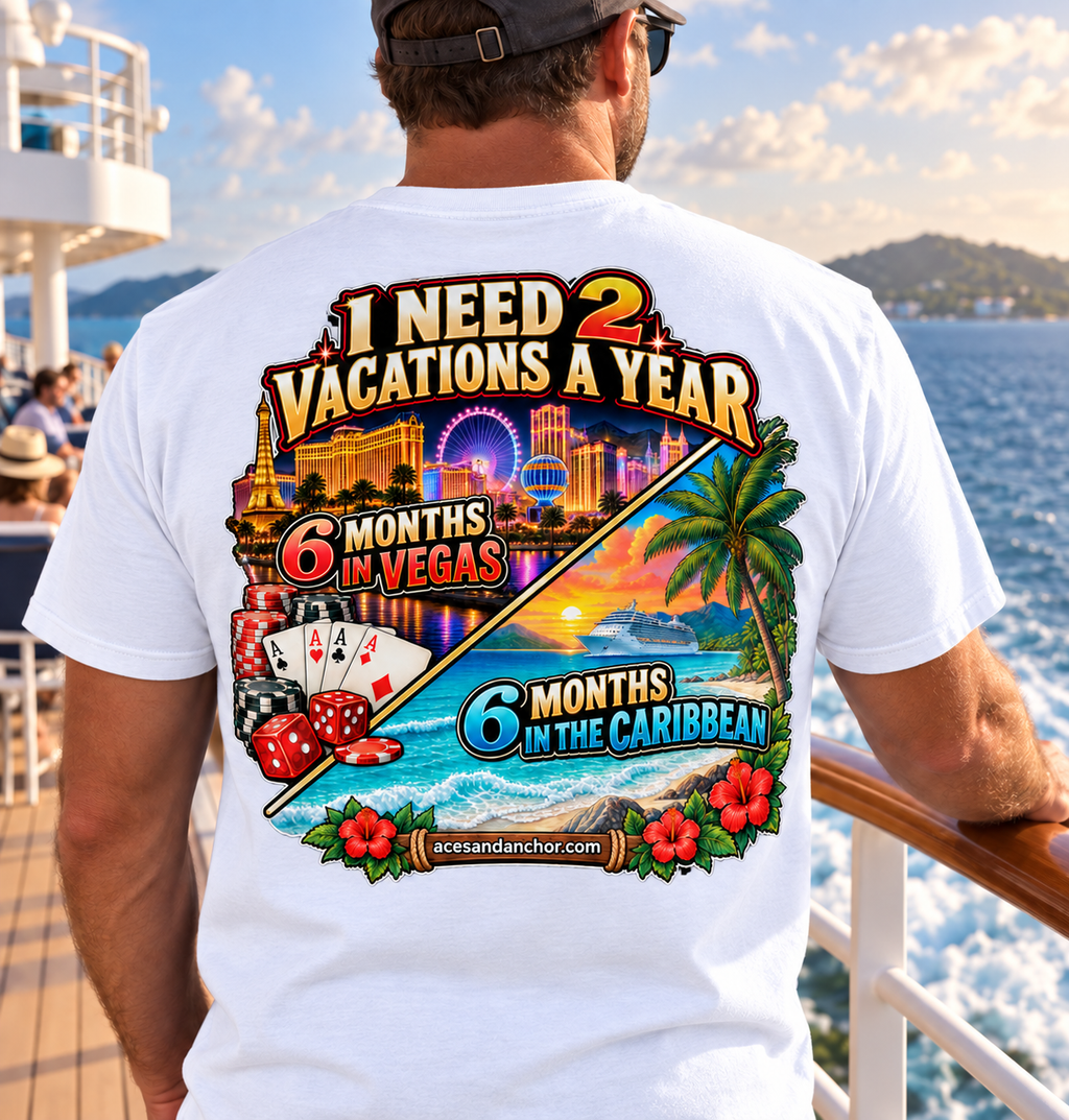 Male model wearing 2 Vacations a Year T-shirt in White, back view