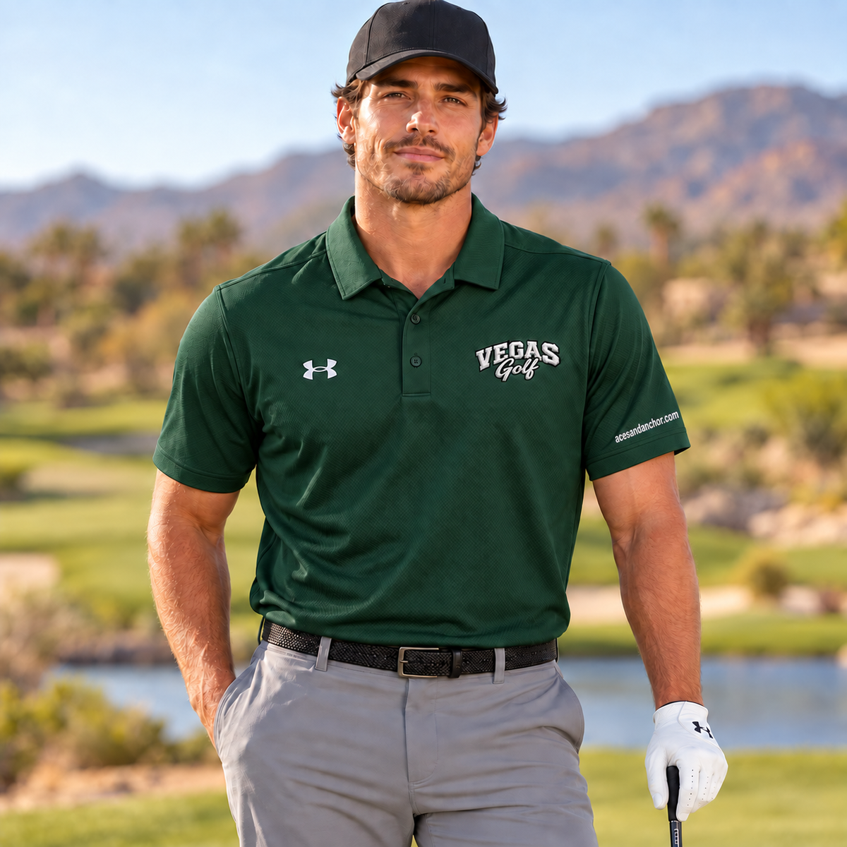 Vegas Golf black logo polo, forest, model with acesandanchor.com sleeve embroidery