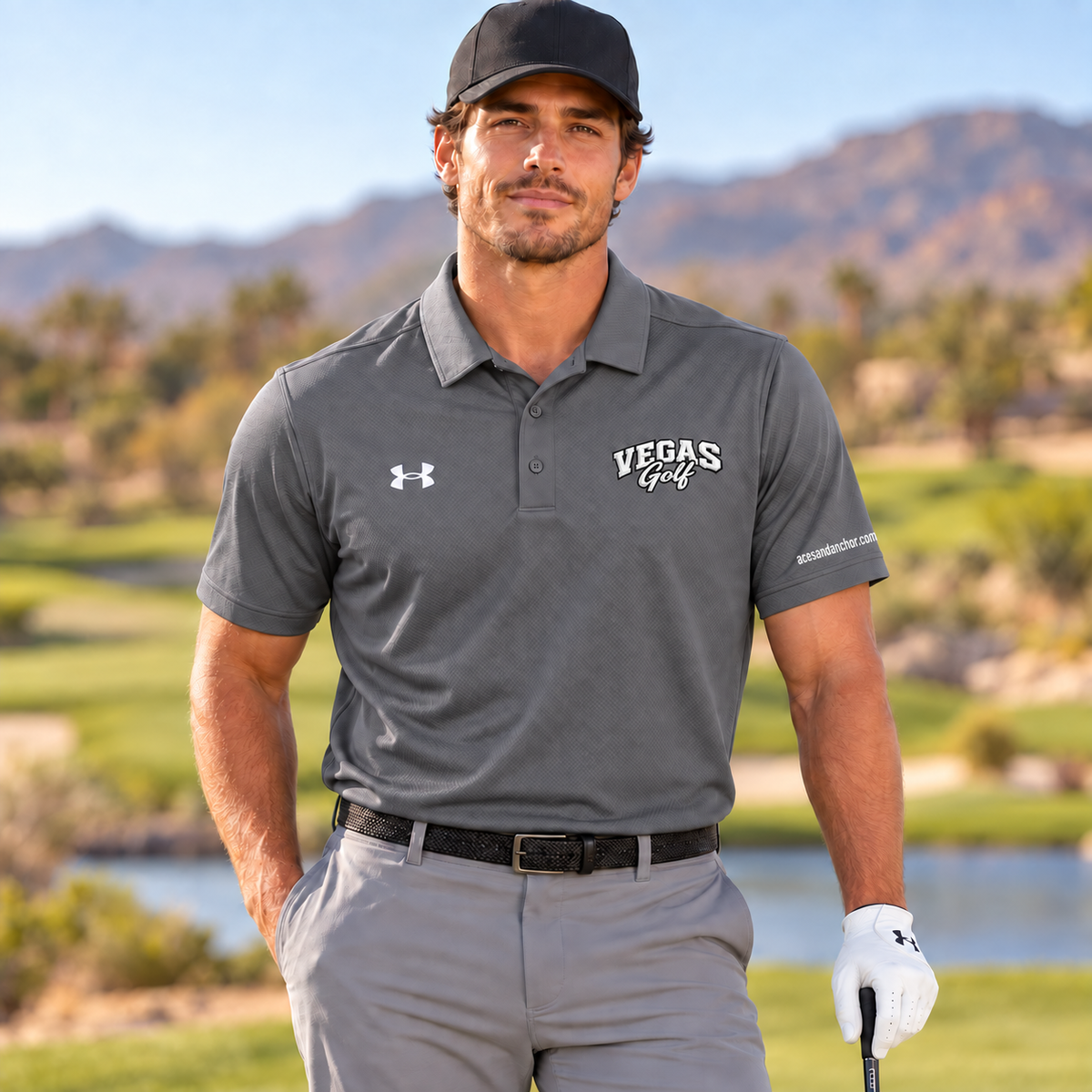 Vegas Golf black logo polo, grey, model with acesandanchor.com sleeve embroidery