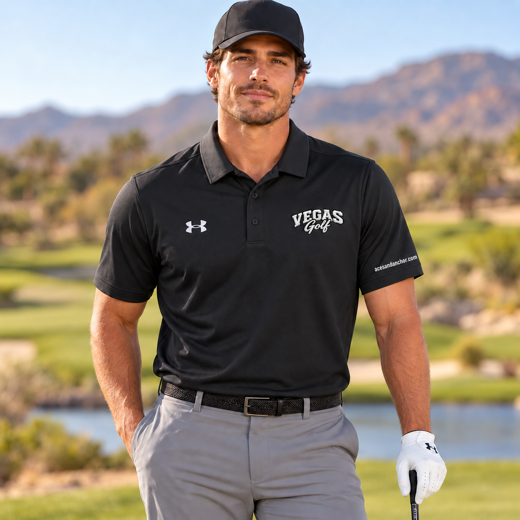 Vegas Golf black logo polo, hero, model with acesandanchor.com sleeve embroidery