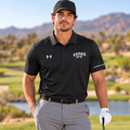 Vegas Golf black logo polo, hero, model with acesandanchor.com sleeve embroidery