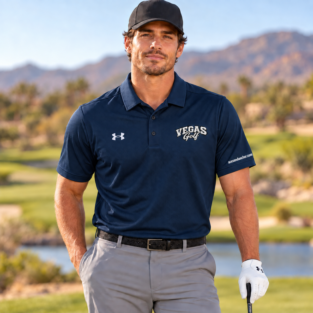 Vegas Golf black logo polo, navy, model with acesandanchor.com sleeve embroidery