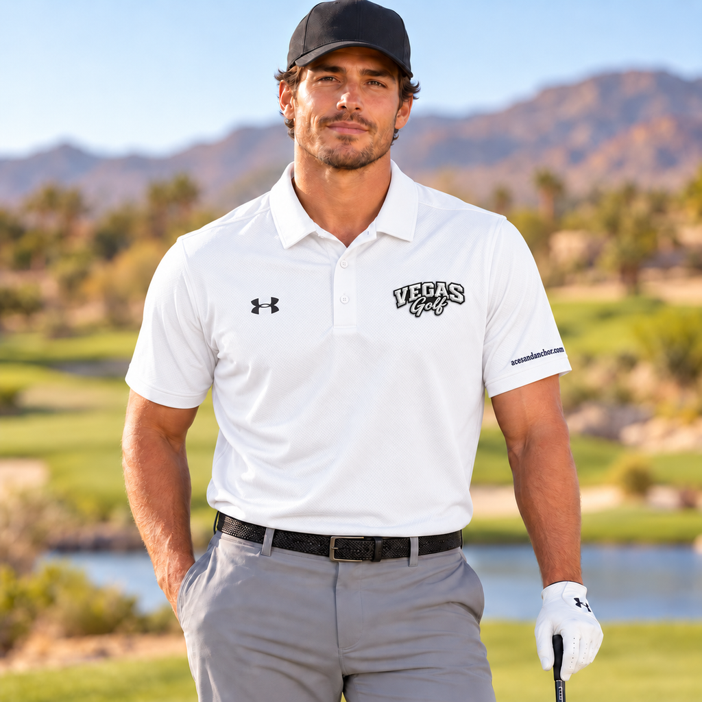 Vegas Golf black logo polo, white, model with acesandanchor.com sleeve embroidery