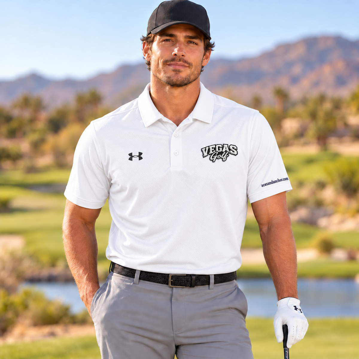 Vegas Golf black logo polo, white, model with acesandanchor.com sleeve embroidery