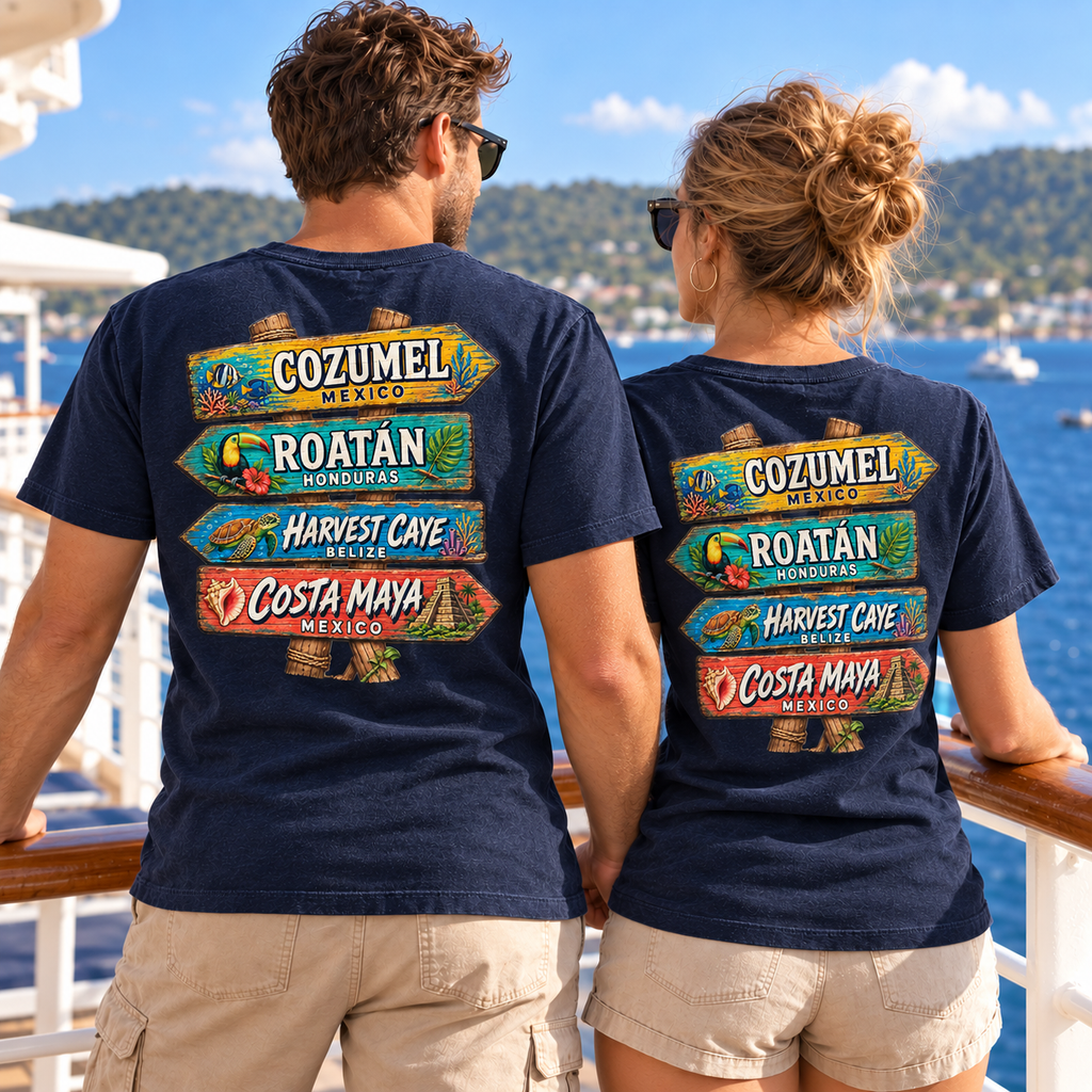 Couple wearing matching navy Western Caribbean cruise T-shirts, back view