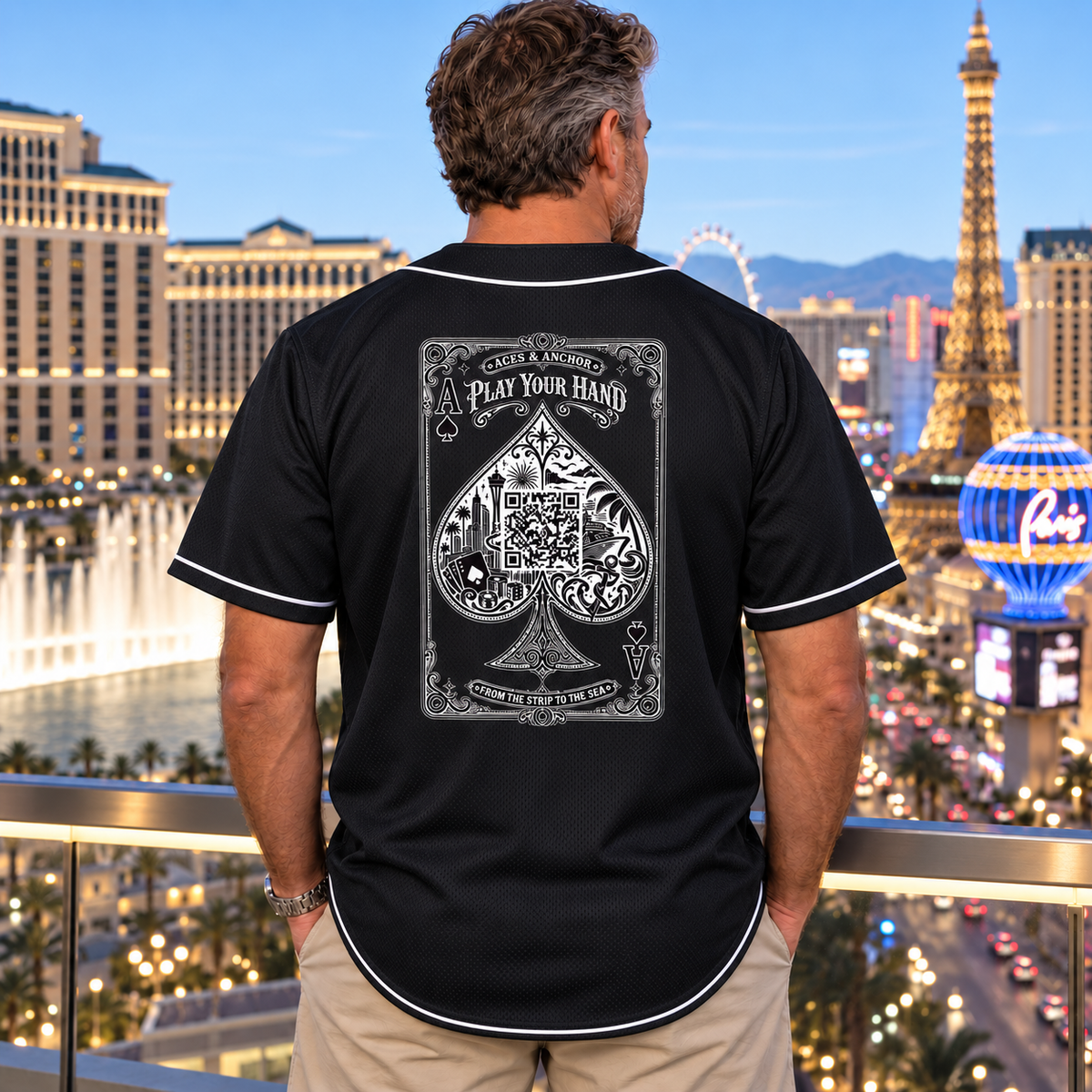 Model wearing Aces & Anchor White Ace black baseball jersey, back view