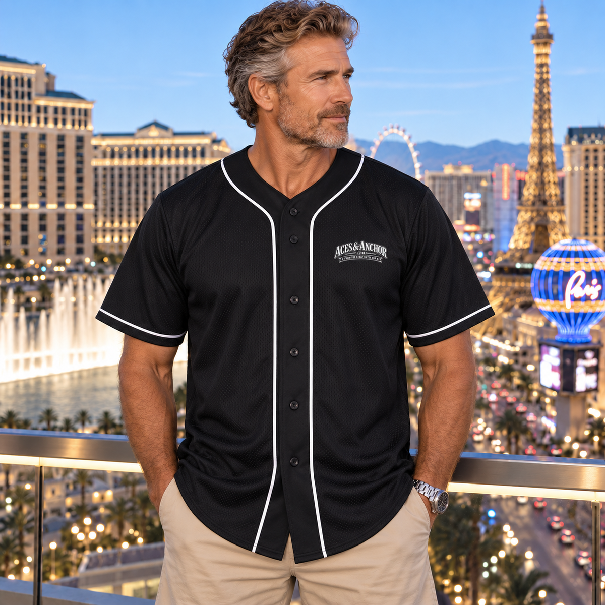 Model wearing Aces & Anchor White Ace black baseball jersey, front view
