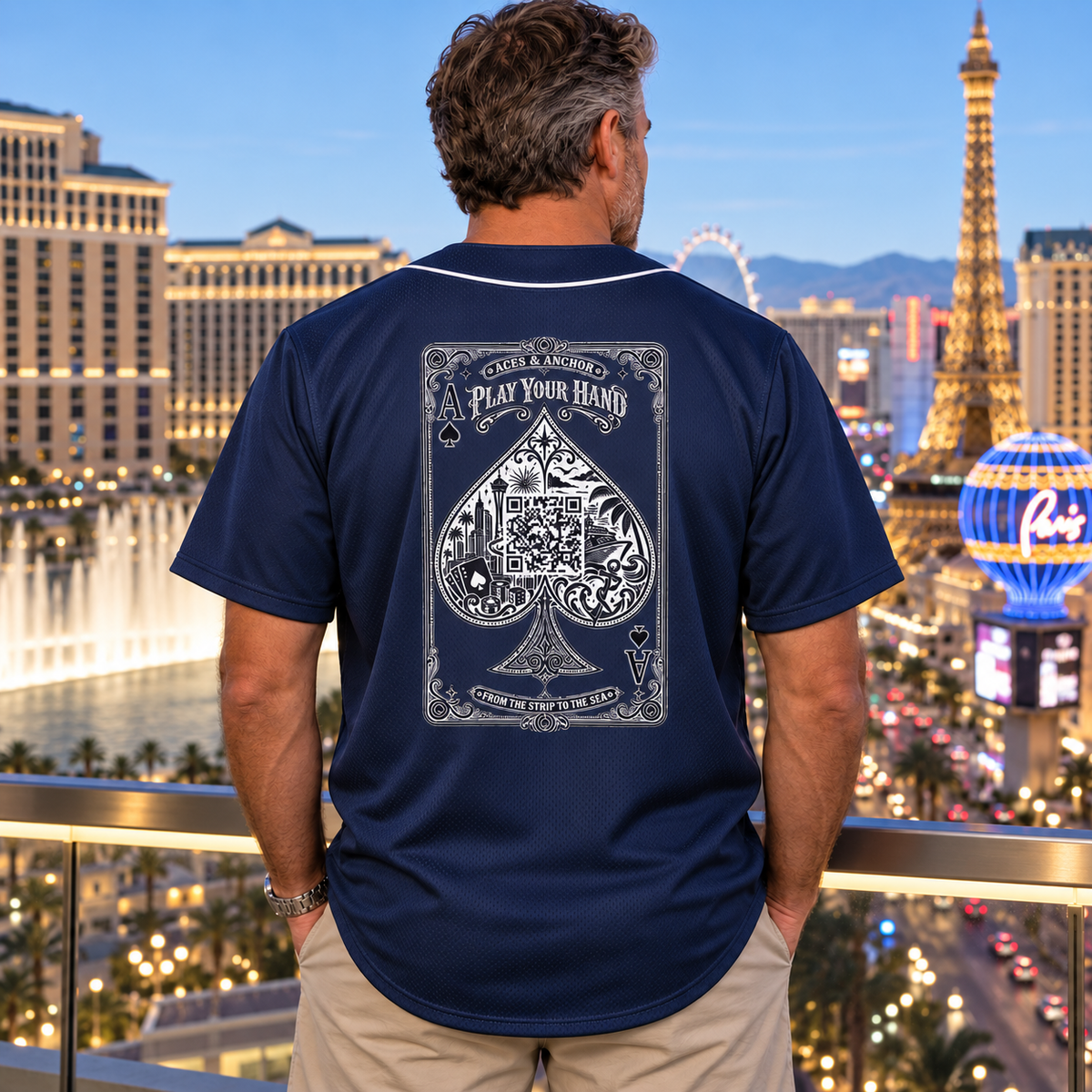 Model wearing Aces & Anchor White Ace navy baseball jersey, back view