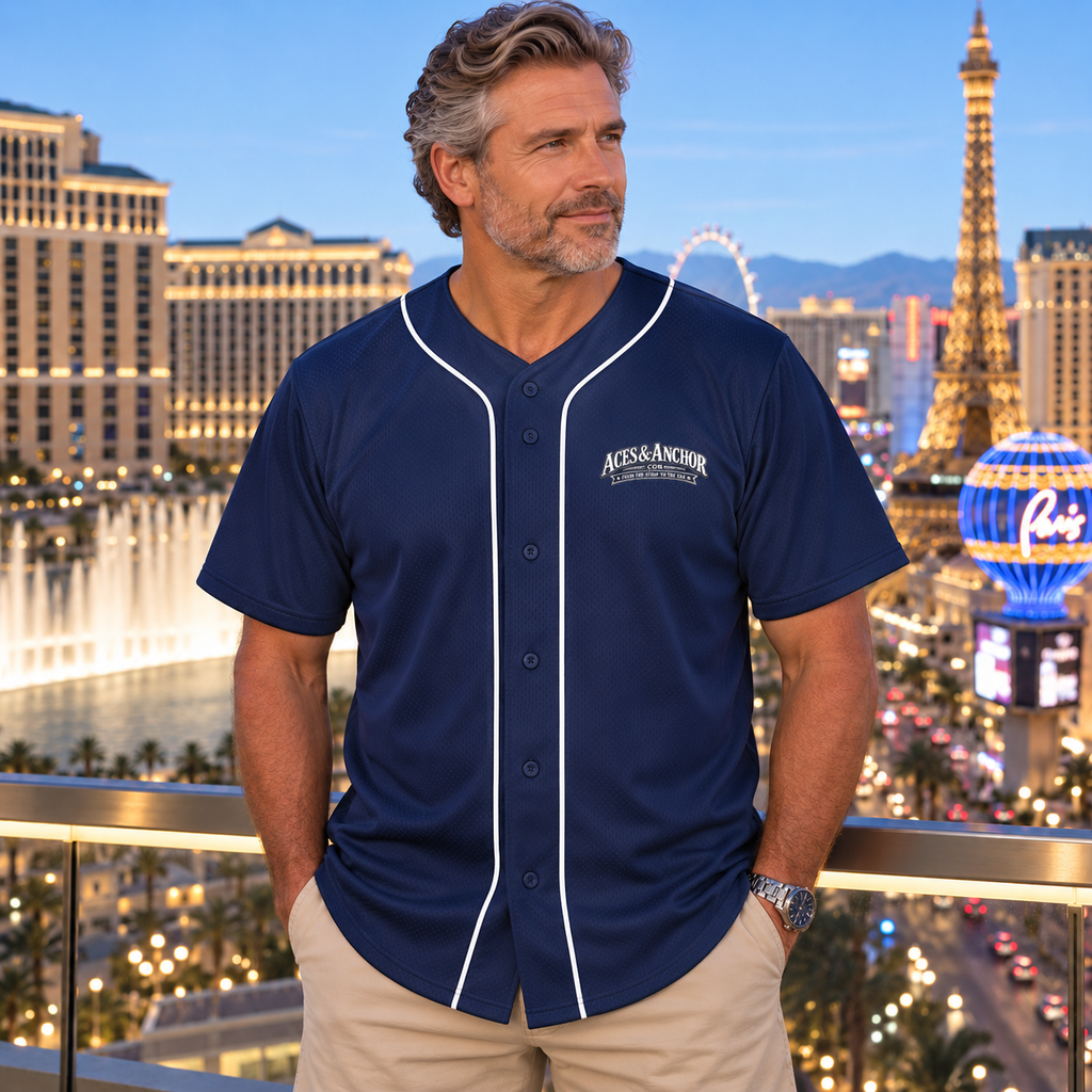 Model wearing Aces & Anchor White Ace navy baseball jersey, front view